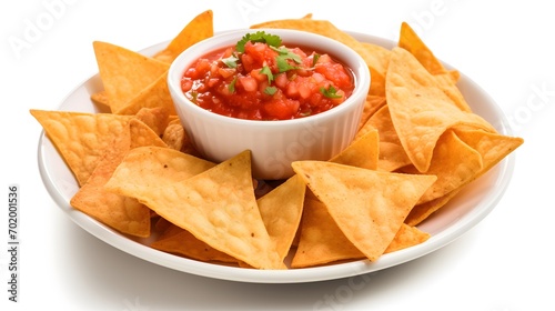 Nachos Mexican corn chips with salsa sauce isolated on white background. photo