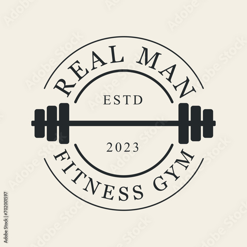 fitness gym barbell line art logo design vector.