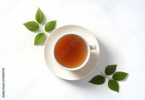 photo top view a cup of tea with leaves in white background ai generated