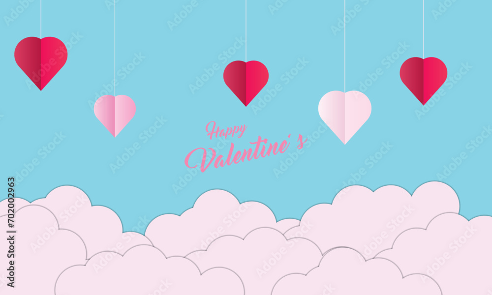 Background design with paper cut clouds. Place for text. Happy Valentine's Day sale header with hanging hearts.