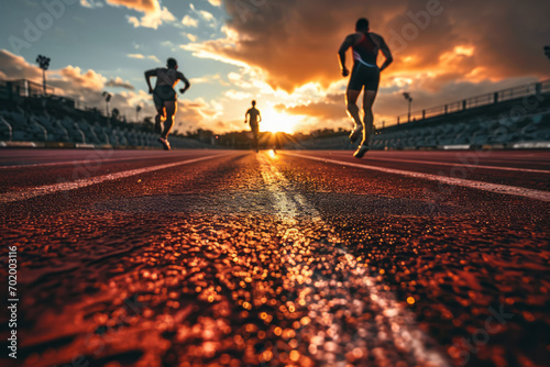 Illustrate the speed on the track as runners engage in a sprinting contest or competition. Emphasize the competitive spirit and athletic prowess. Utilize a dynamic composition to capture the energy.