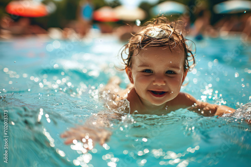 Happy baby playing in swimming pool during summer vacation