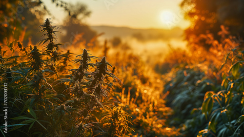 Cannabis farm at sunset