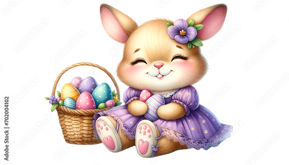 Watercolor of a cute bunny in a purple flower-pattern dress carrying Easter eggs basket. Creative clip art design. Easter season. Watercolor of a cute bunny in a purple flower-pattern dress carrying Easter eggs basket. Creative clip art design. Easter season.