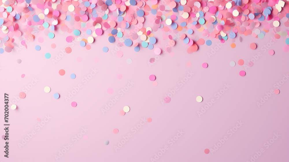 pastel pink background with colorful confetti with copy space