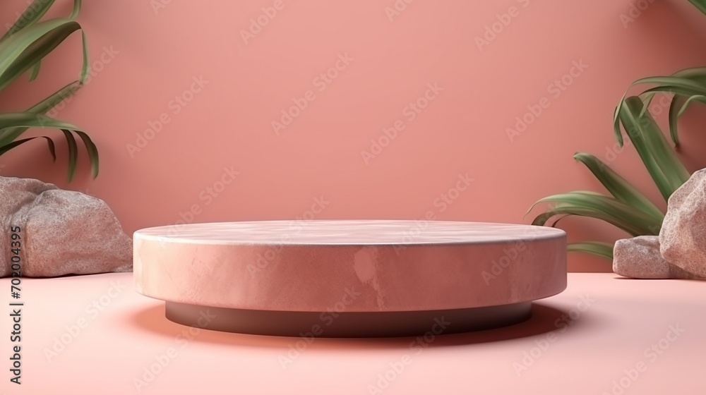 stone podium cosmetic display stand on pink background
