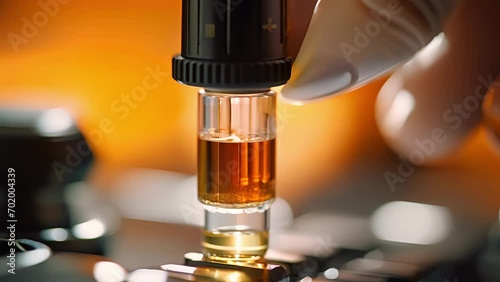 Closeup of a handheld microscope being used to inspect the quality of a tiny oil sample. photo