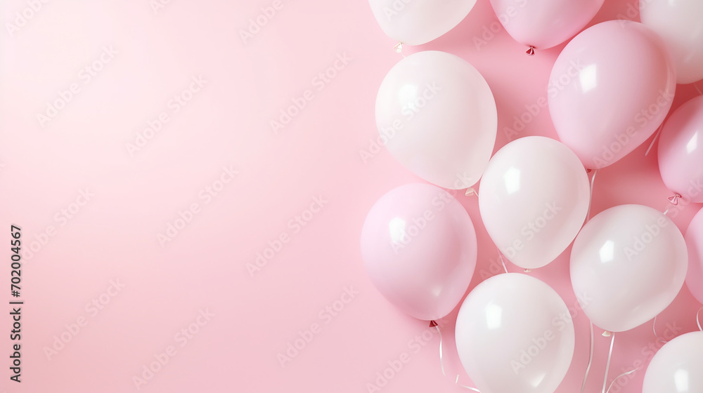 pastel pink background frame with white and pink balloons with copy space