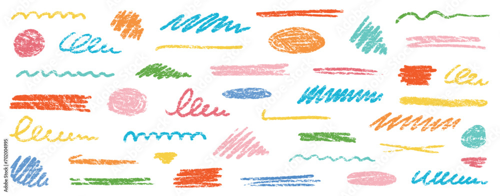 Crayon brush underline color stroke. Chalk kid highlight scribble stroke. Vector hand drawn brush underline element set for accent, crayon texture emphasis element. Rough chalk vector illustration - obrazy, fototapety, plakaty 
