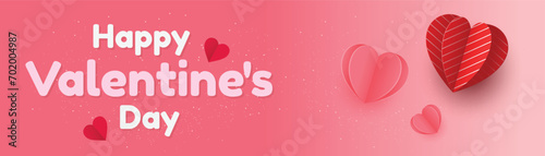 Happy Valentine's day poster or voucher. Beautiful paper cut white clouds with white heart frame on pink background. photo