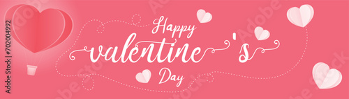 Happy Valentine's day poster or voucher. Beautiful paper cut white clouds with white heart frame on pink background.