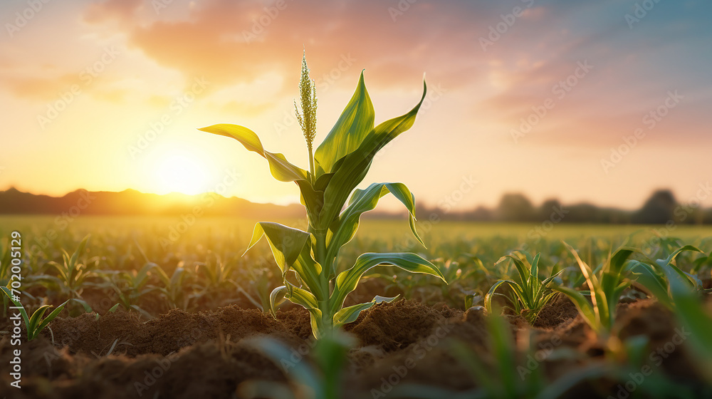 A fresh corn stalk sprout stands proudly in a field, caressed by the gentle light of the dawn - obrazy, fototapety, plakaty 