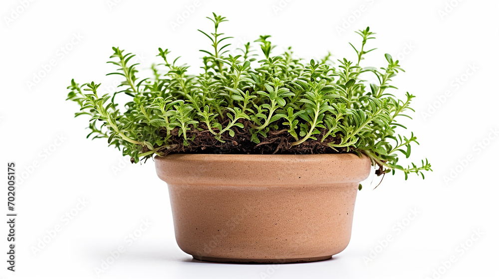 A sprig of thyme in a small clay pot with potting mix, its delicate stems highlighted