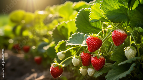 A berry field with delicate strawberry plant flourishes, warmed by the midday summer sun