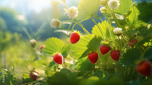 A delicate strawberry plant flourishes in a berry field, warmed by the midday summer sun photo