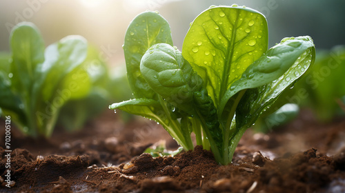 A fresh spinach leaf rises in a vegetable bed, caressed by the soft light of an overcast morning