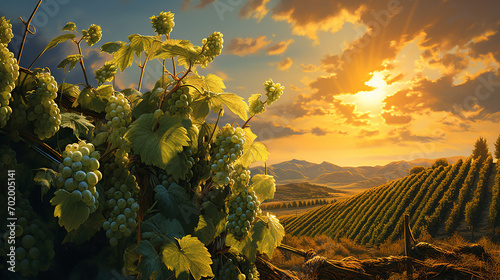 A small hop vine for brewing climbs in a field, caressed by the golden rays of the late afternoon