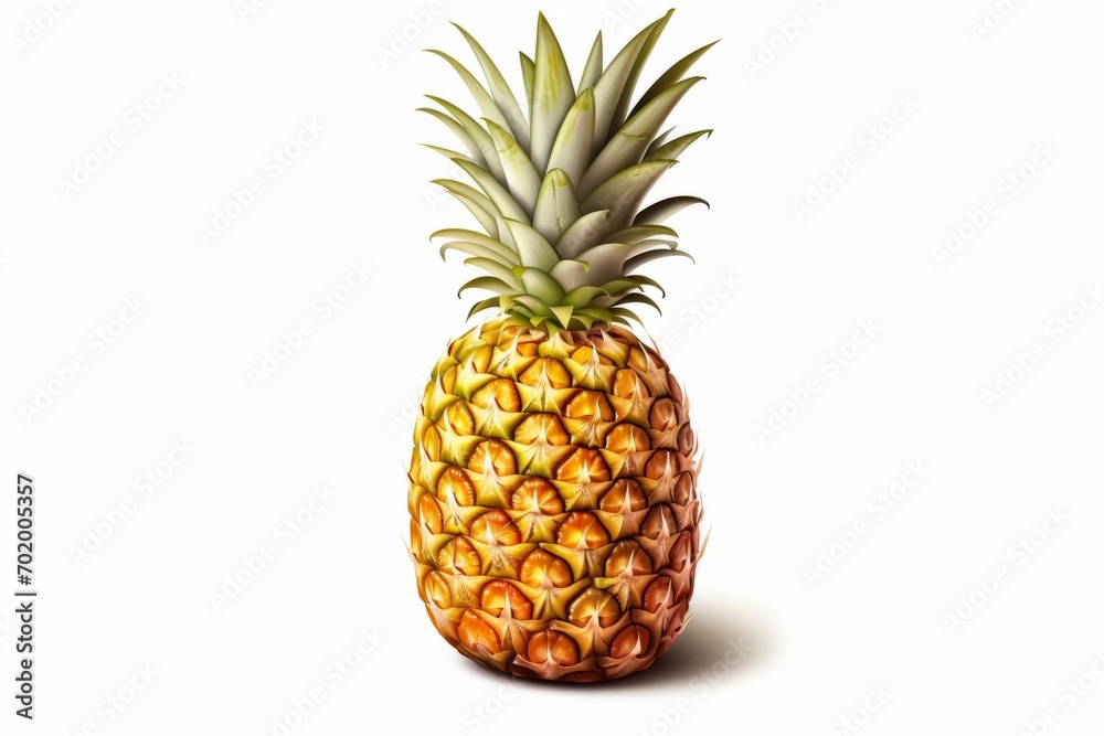 A highly detailed digital painting illustrates a pineapple on a white background. A highly detailed digital painting illustrates a pineapple on a white background.