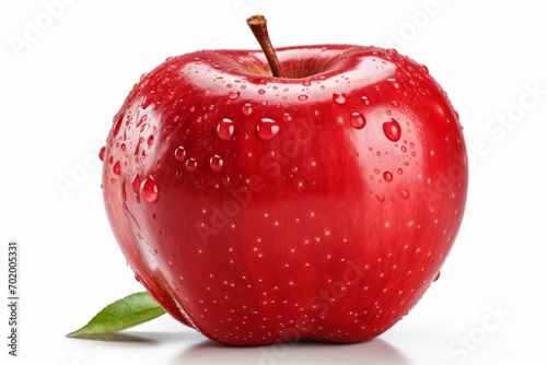 A polished red apple with water droplets on it is depicted in a simple yet striking design.