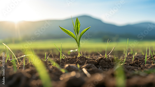 A young wheat seedling emerges on a vast farm, basking in the warm glow of the early afternoon sun