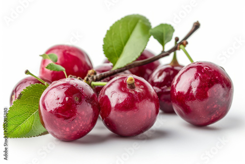 Wallpaper Mural A high-quality product image features a bunch of cherries with leaves on a white surface, highlighting their freshness. Torontodigital.ca