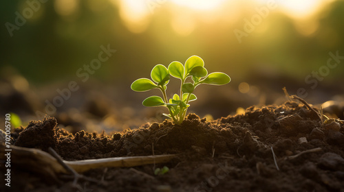 A budding marjoram sprout grows in an organic farm, surrounded by the golden light of late afternoon photo