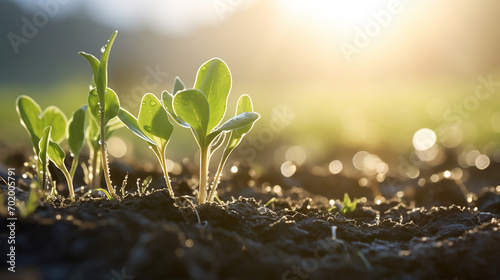 A delicate chia plant sprout appears in cultivated row, sparkling with morning dew as the sun rises