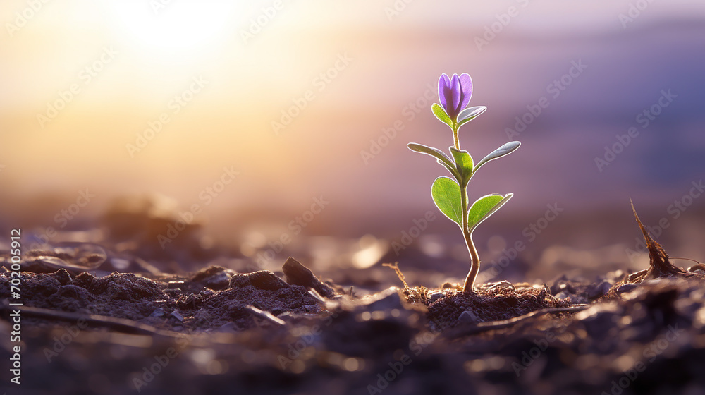 A tiny lavender sprout grows in a field, surrounded by the radiant light of an early summer day - obrazy, fototapety, plakaty 
