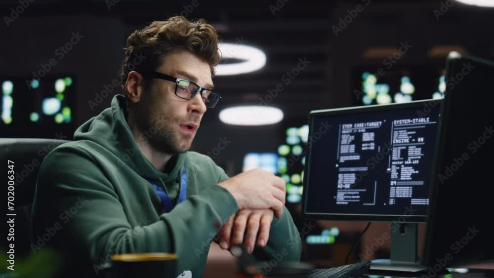 Tensed coder solving problem in dark datacenter closeup. Tired man working late