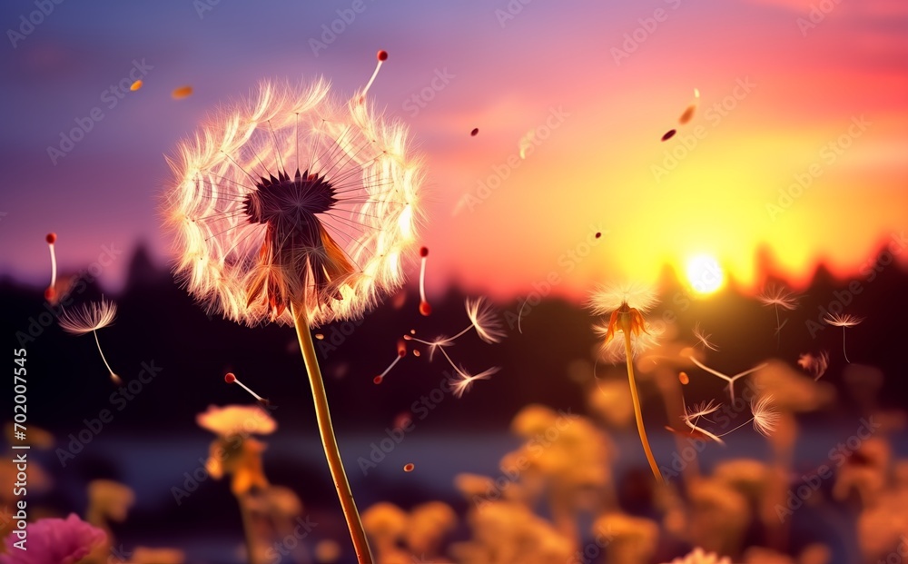 Wishing Freedom with Dandelion's Journey to Sunset. Made with Generative AI Technology