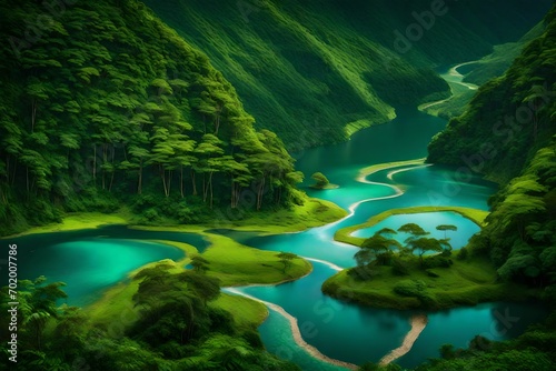 A meandering river, the lifeline of the rainforest, winds through the mountains.