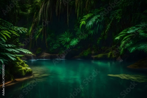 A tranquil rainforest pool reflects the lush cliffs and verdant foliage.