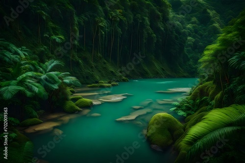 A serene river flows through a lush rainforest valley, a symbol of untouched beauty.