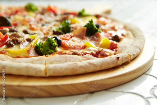 pizza on a wooden board 