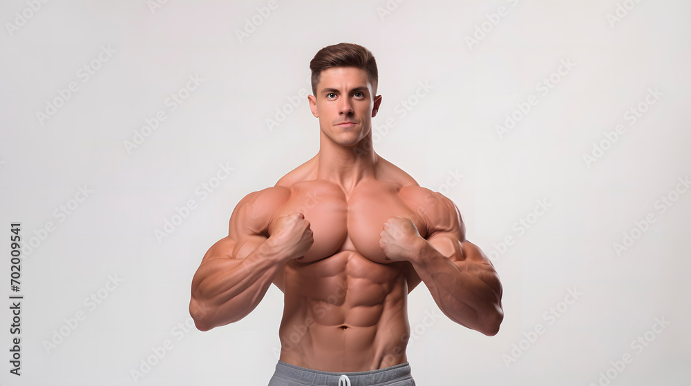 muscular man on white background, man showing off his muscles