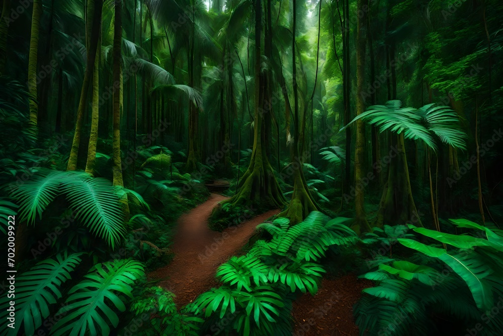 A lush rainforest teems with towering trees, forming a vibrant wonderland.