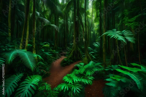A lush rainforest teems with towering trees  forming a vibrant wonderland.