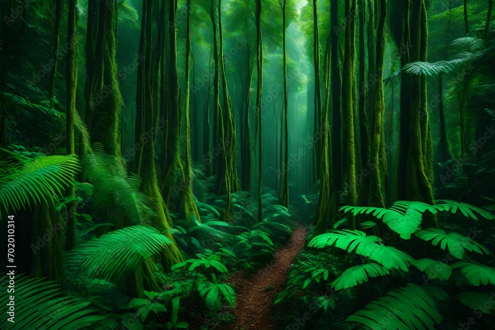 An exuberant rainforest with towering trees forming a green cathedral.