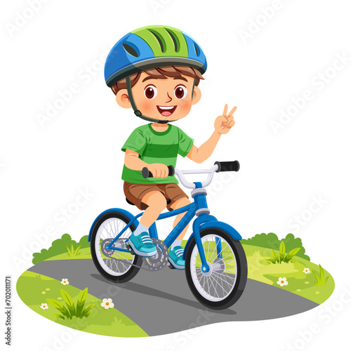 Happy little boy wearing helmet riding bicycle and smiling cycling along the path in the park