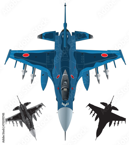 航空自衛隊、青いカモフラージュカラーのF-2マルチロール戦闘機イラスト（モノクロカラーと黒シルエットイラスト付）