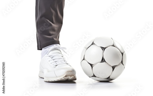 Man Standing with a soccer ball at his feet ready for score isolated on white background.