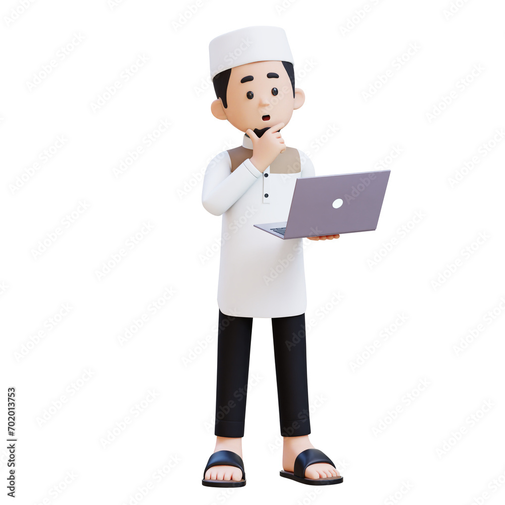 3D Characters of Muslim Man confuse while working on a laptop perfect for banner, web dan marketing material