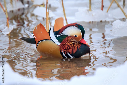 Canvastavla Beautiful male Mandarin duck (Aix galericulata) swimming in icy water