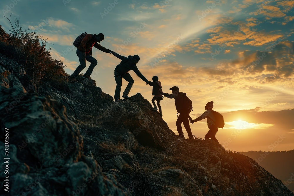 A dynamic scene of a family climbing together, each member offering a helping hand to the others, illustrating the strength of family bonds and shared success. - obrazy, fototapety, plakaty 