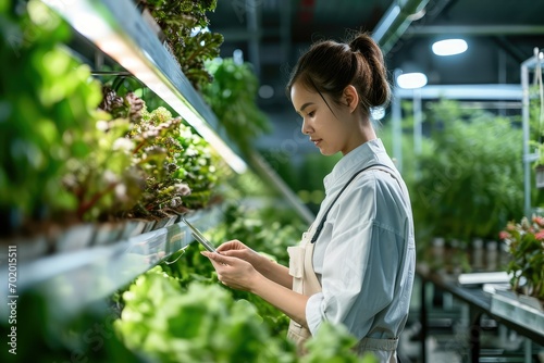 A determined female in a vertical farm, her gaze fixed on her tablet as she walks the line between agricultural tradition and the frontier of plant cultivation technology. photo