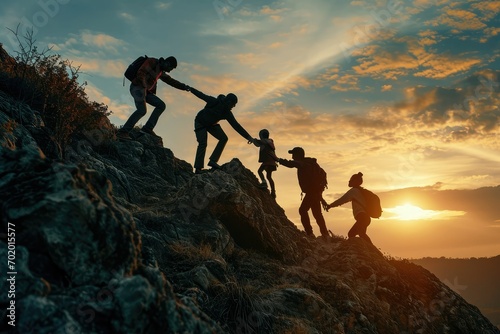 A dynamic scene of a family climbing together, each member offering a helping hand to the others, illustrating the strength of family bonds and shared success.