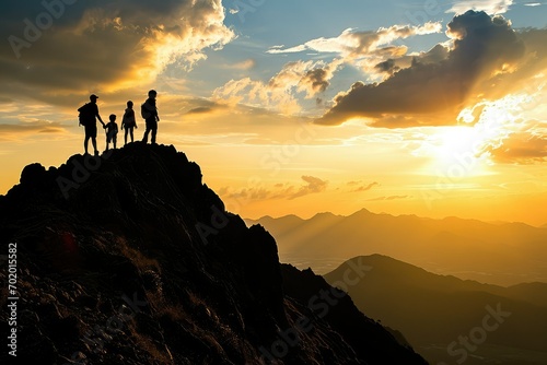 A family silhouetted against the setting sun on a mountain, their collective success a testament to the power of working together and supporting one another.