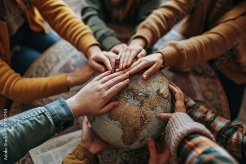 A group of business professionals standing around a globe, their hands united, representing the strength of empathy and social connections in a worldwide partnership. © Lucija