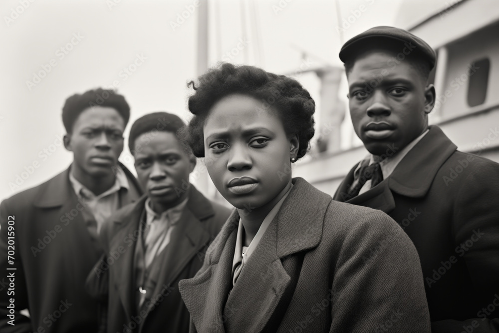 © ink drop - A vintage black and white photo of Caribbean citizens arriving on a boat to the UK after the war