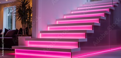 Dutch home staircase with LED lights transitioning from bold magenta to lemonade pink, photo